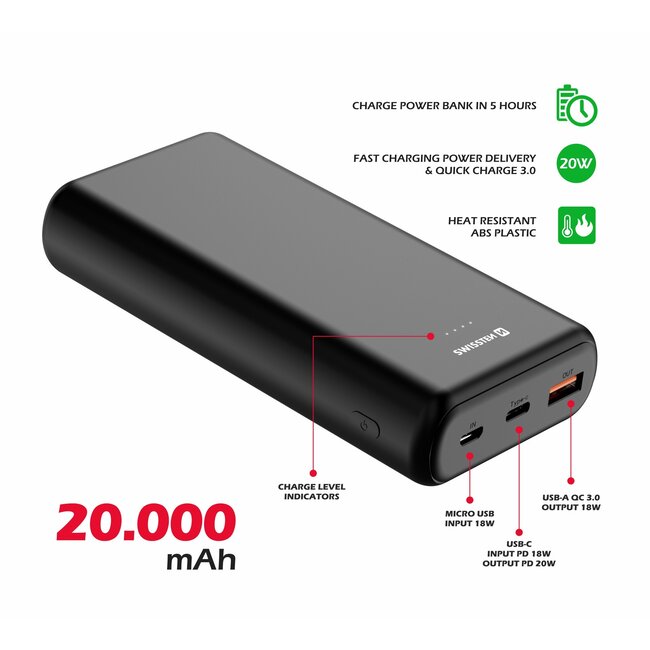 Swissten Powerbank Power Line - 20.000 mAh - USB & USB-C - Zwart