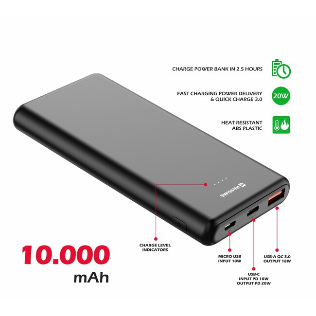 Swissten Powerbank Power Line - 10.000 mAh - USB & USB-C - Zwart