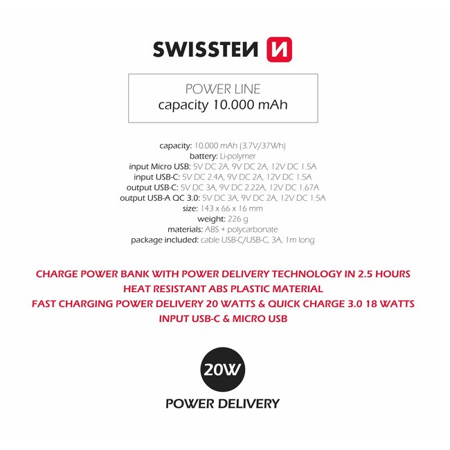 Swissten Powerbank Power Line - 10.000 mAh - USB & USB-C - Zwart