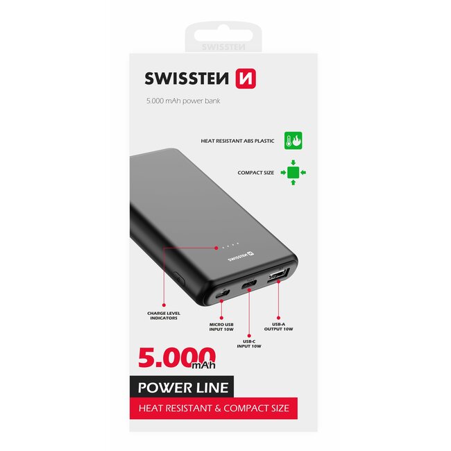 Swissten Powerbank Power Line - 5000 mAh - Zwart
