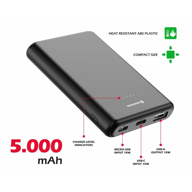 Swissten Powerbank Power Line - 5000 mAh - Zwart