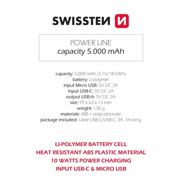 Swissten Powerbank Power Line - 5000 mAh - Zwart