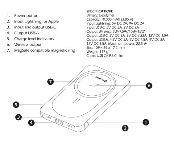 Swissten 2 en 1 Apple Watch Powerbank - Compatible MagSafe - 10