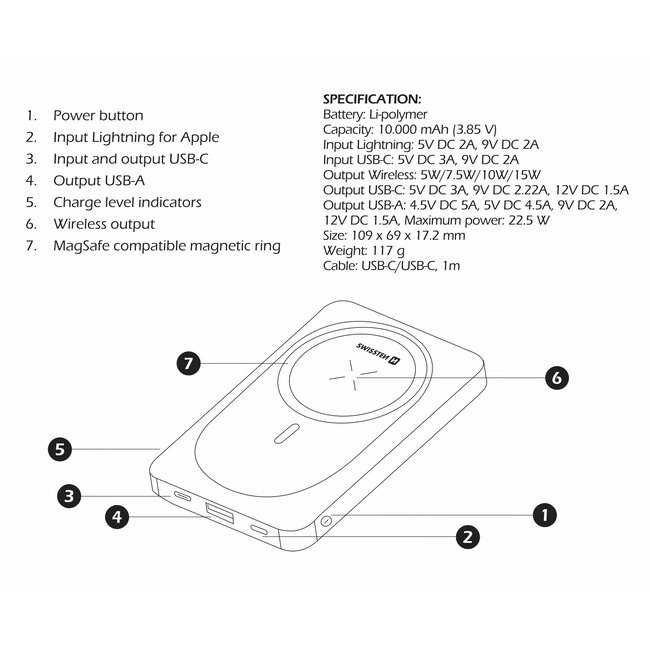 Swissten Powerbank Magsafe Compatible - 10.000 mAh - Zwart
