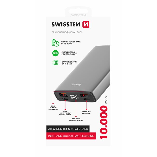 Swissten Powerbank Aluminium Body - 10.000 mAh - Grijs