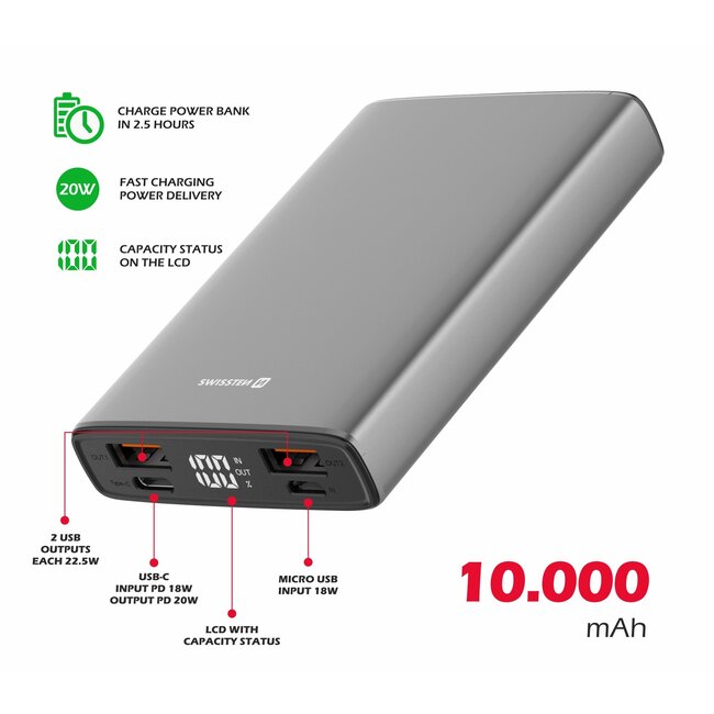Swissten Powerbank Aluminium Body - 10.000 mAh - Grijs