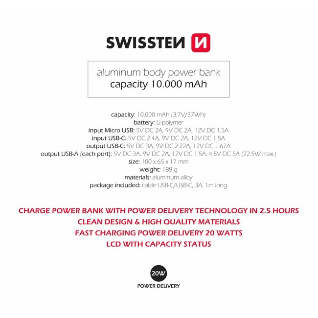 Swissten Powerbank Aluminium Body - 10.000 mAh - Grijs
