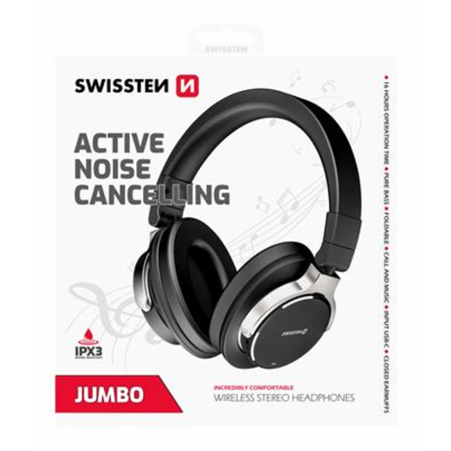Swissten Jumbo - Draadloze Bluetooth Over-ear koptelefoon met Noise Cancelling - Zwart
