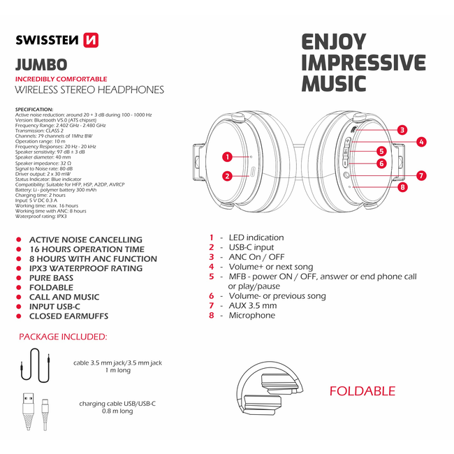 Swissten Jumbo - Draadloze Bluetooth Over-ear koptelefoon met Noise Cancelling - Zwart