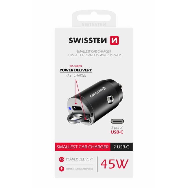 Swissten Autolader - 2 poorten - Snellader - 45W - 2x USB-C - Zwart