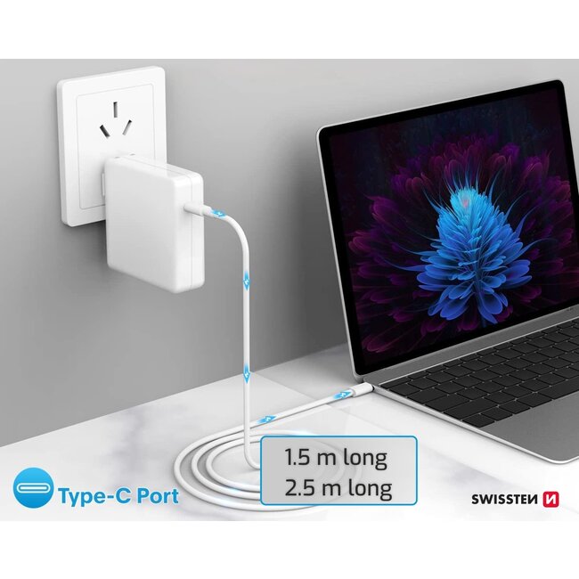 Swissten USB-C naar USB-C kabel - 2.5M - 100W - Wit