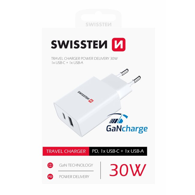 Swissten USB-C Snellader - 2 poorten - GaN technologie - 30W - Wit
