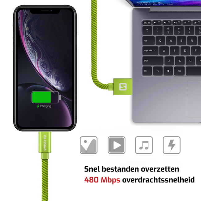 Swissten Lightning naar USB Kabel 1.2 Meter Groen