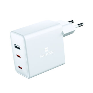 Swissten Swissten USB-C Snellader - 3 poorten - GaN technologie - 2x USB-C & 1x USB-A - 70W - Wit
