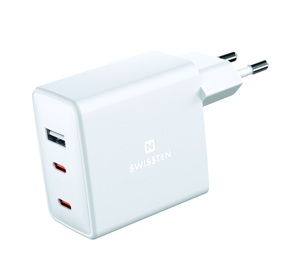Swissten USB-C Snellader - 3 poorten - GaN technologie - 2x USB-C & 1x USB-A - 70W - Wit