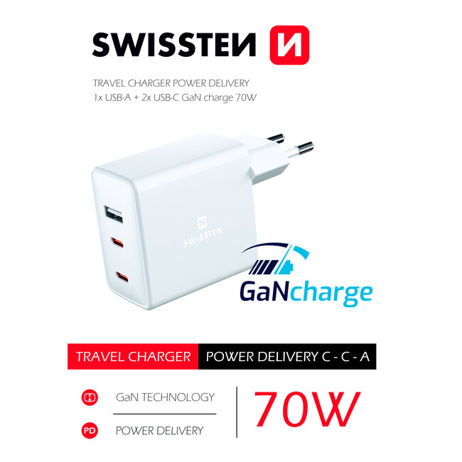 Swissten USB-C Snellader - 3 poorten - GaN technologie - 2x USB-C & 1x USB-A - 70W - Wit