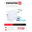 Swissten USB-C Snellader - 3 poorten - GaN technologie - 2x USB-C & 1x USB-A - 70W - Wit