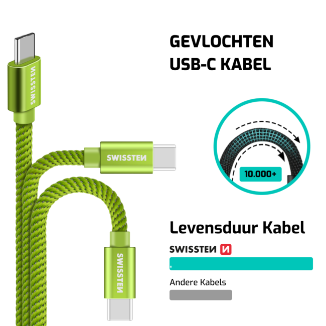 Swissten USB-C naar USB-A Kabel 1.2M Groen