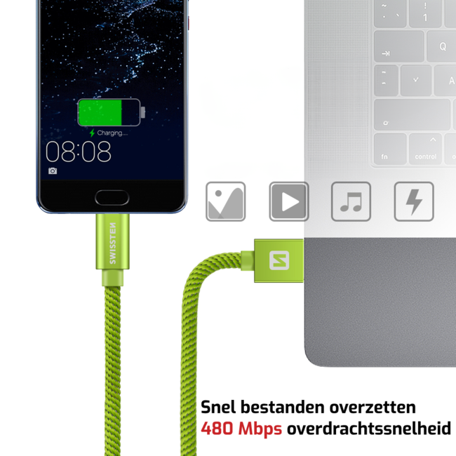 Swissten USB-C naar USB-A Kabel 0.2M Groen