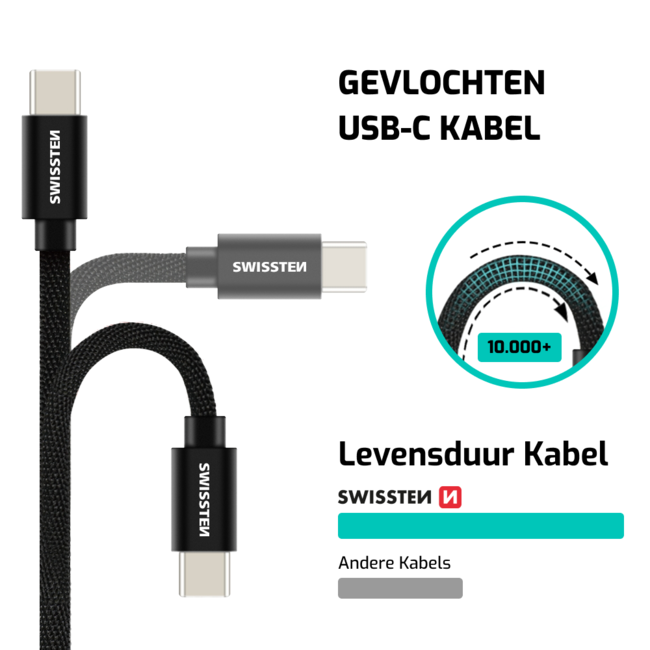 Swissten USB-C naar USB-C Kabel -  1.2M - Zilver