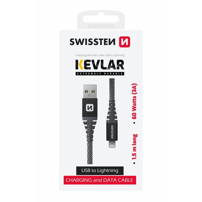 Swissten Kevlar USB-A naar Lightning kabel - 1.5M - Zwart