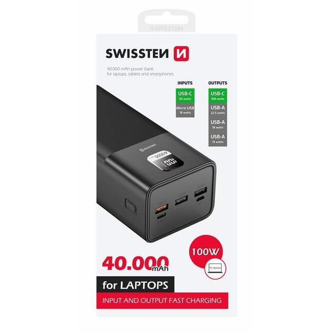 Swissten Powerbank Power Line - 40.000 mAh - USB & USB-C - Zwart