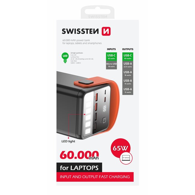 Swissten Powerbank Power Line - 60.000 mAh - USB & USB-C - Zwart