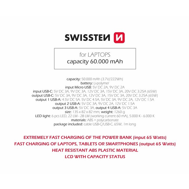 Swissten Powerbank Power Line - 60.000 mAh - USB & USB-C - Zwart