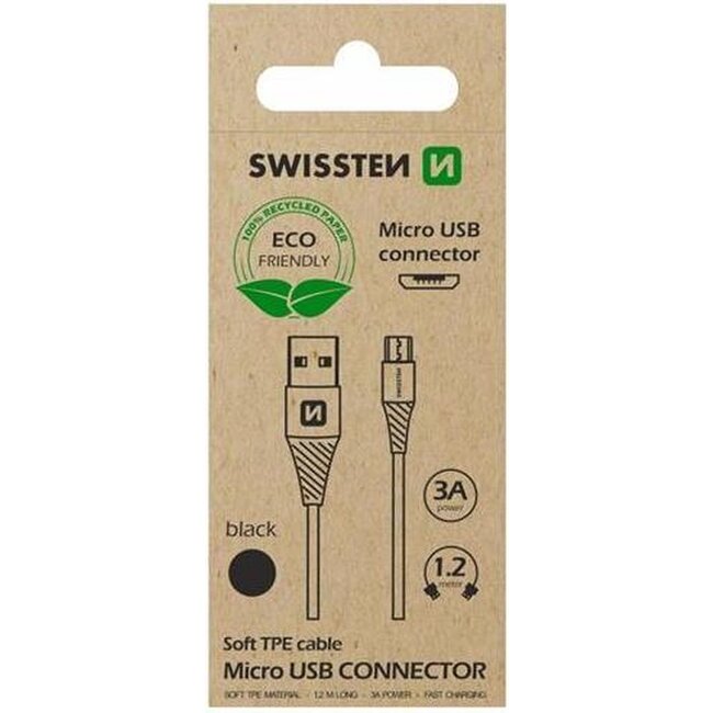 Swissten Micro-USB naar USB kabel - 1.2M - Zwart - Duurzame verpakking - Zwart