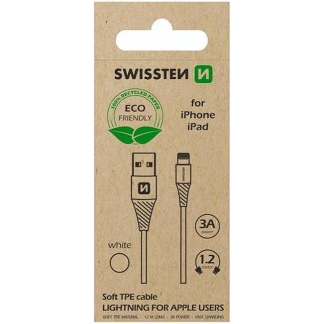 Swissten Lightning naar USB kabel - 1.2M - Wit - Duurzame verpakking