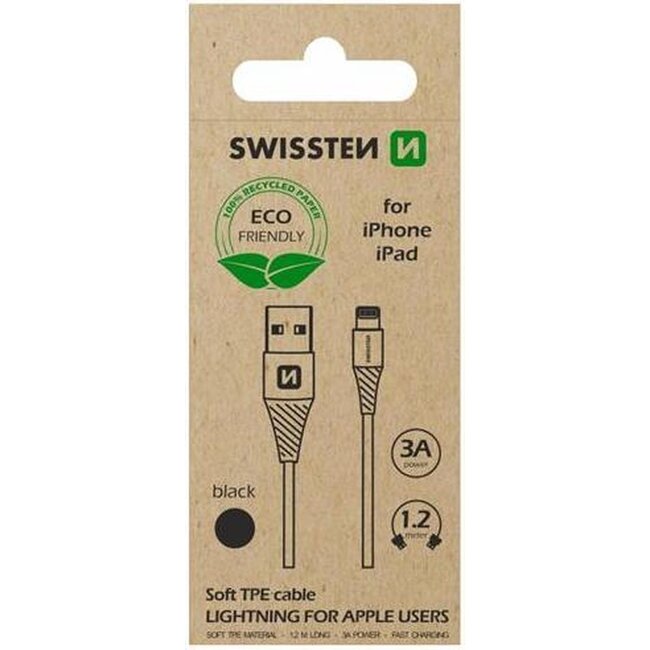 Swissten Lightning naar USB kabel - 1.2M - Wit - Duurzame verpakking - Zwart