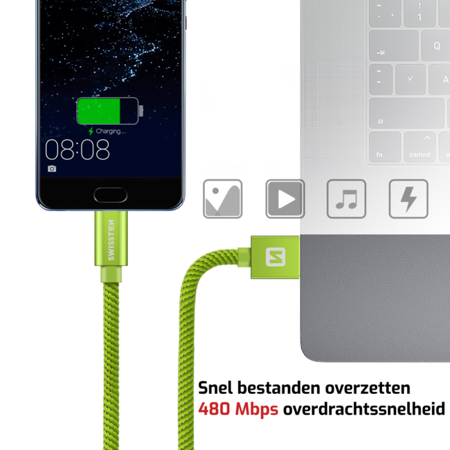 Swissten Micro-USB naar USB kabel - 1.2M - Groen