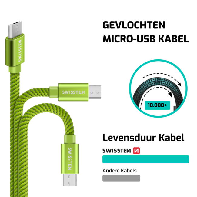 Swissten Micro-USB naar USB kabel - 1.2M - Groen