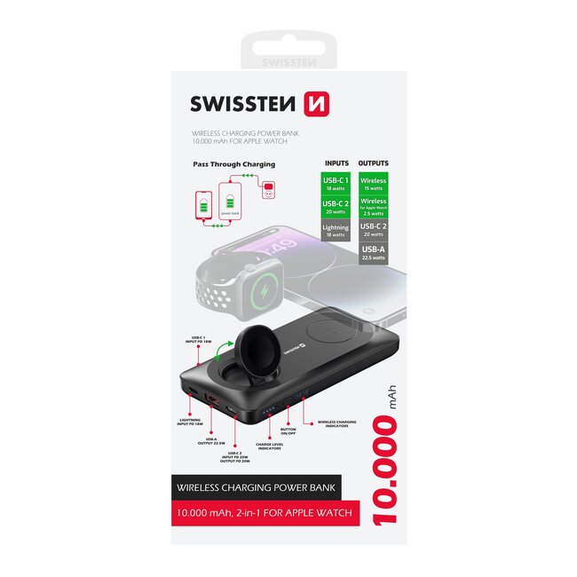 Swissten 2 in 1 Apple Watch Powerbank - 10.000 mAh - Zwart