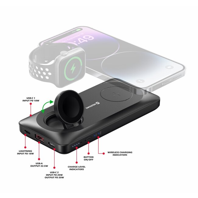 Swissten 2 in 1 Apple Watch Powerbank - 10.000 mAh - Zwart