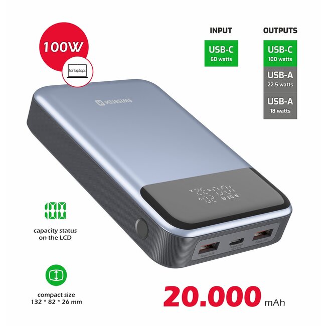 Swissten Powerbank Laptop - 20.000 mAh - 100W - Grijs