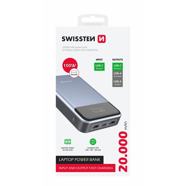 Swissten Powerbank Laptop - 20.000 mAh - 100W - Grijs