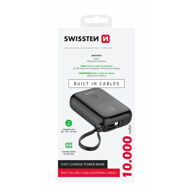Swissten Powerbank - 10.000 mAh - Compact - 20W - Zwart