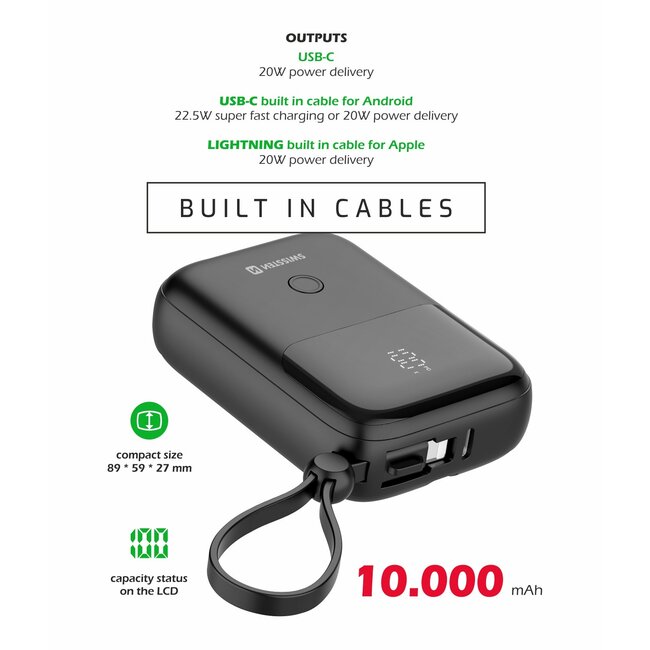 Swissten Powerbank - 10.000 mAh - Compact - 20W - Zwart