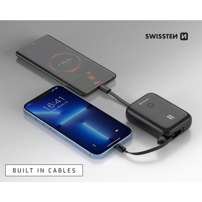 Swissten Powerbank - 10.000 mAh - Compact - 20W - Zwart