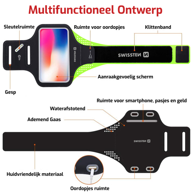 Swissten Hardloop Telefoonhouder - Waterdichte Hardloopband - t/m 7 inch - Groen