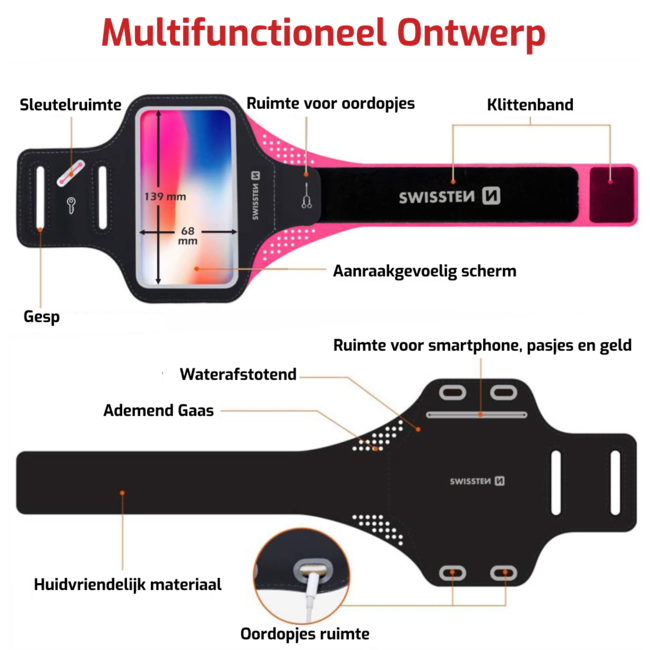Swissten Hardloop Telefoonhouder - Waterdichte Hardloopband - t/m 6 inch - Roze