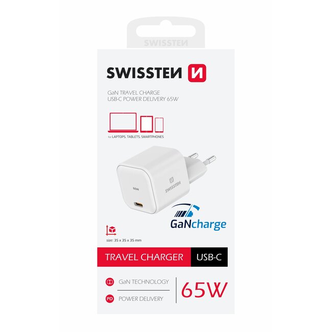 Swissten USB-C Snellader - GaN technologie - 65W - Wit
