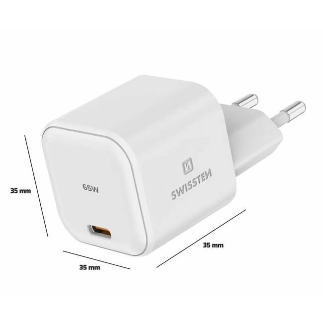 Swissten USB-C Snellader - GaN technologie - 65W - Wit