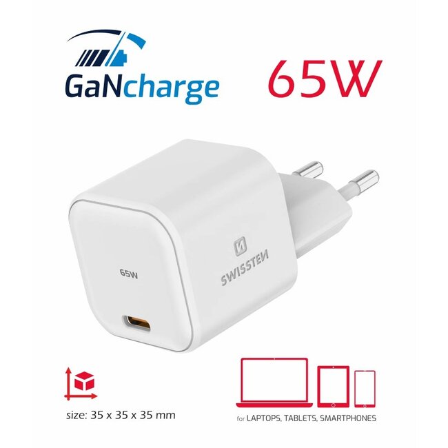 Swissten USB-C Snellader - GaN technologie - 65W - Wit