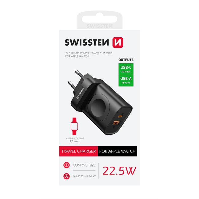 Swissten Apple Watch USB Oplader - 22.5W - Zwart