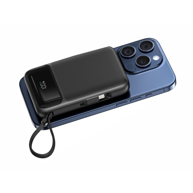 Swissten Powerbank Magsafe Compatible - 10.000 mAh - 20W - Ingebouwde kabels - Zwart