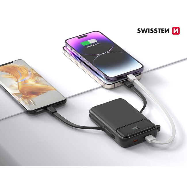 Swissten Powerbank Magsafe Compatible - 10.000 mAh - 20W - Ingebouwde kabels - Zwart