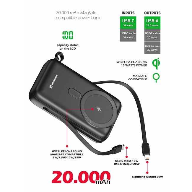 Swissten Powerbank Magsafe Compatible - 20.000 mAh - 20W - Ingebouwde kabels - Zwart