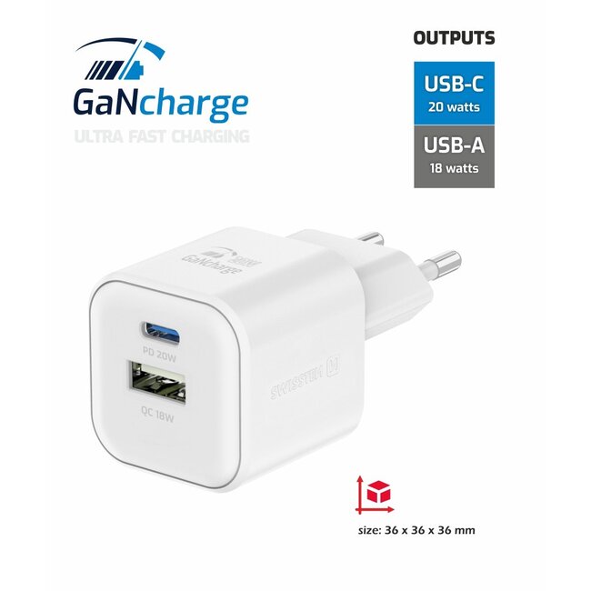 Swissten USB-C Snellader - 2 poorten - GaN technologie - 20W - Wit